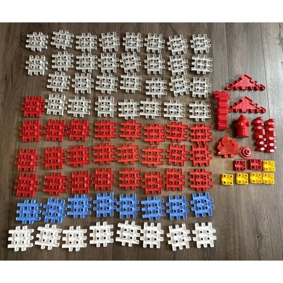 Vintage Little Tikes Waffle Blocks Lot of 86 Fire Lights Sound Work Building Toy